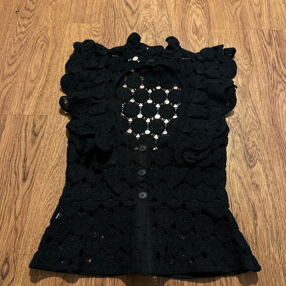 H&M black crochet mock neck floral open back sheer top XS short sleeve - Picture 6 of 12